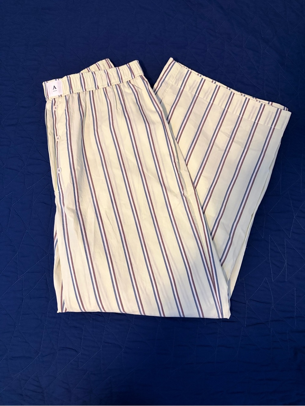 Anthropologie Light Green Pajama Pants with Navy and Maroon Stripes